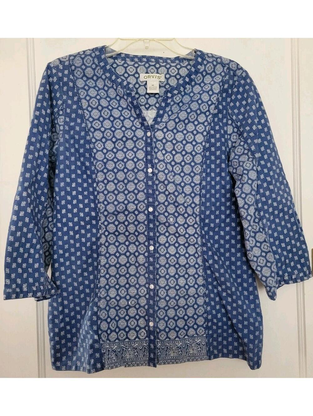 Orvis Women’s Medium Blue Paisley Button Up Shirt Cotton Long Sleeve Outdoors